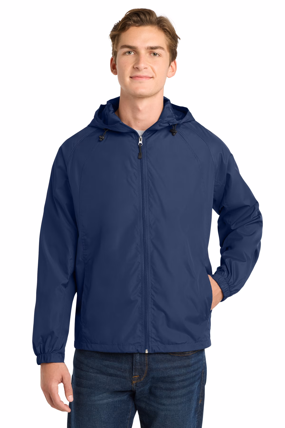 Sport-Tek  Embroidered Men's Hooded Weather Resistant Jacket Image - men's coats,mens coats,mens jackets,men's jackets,male's jackets,men outerwears,men's outerwears,mens outerwears,rain jackets,rain gear,Navy,Black,Royal,hunter green,green,Burgundy,Red