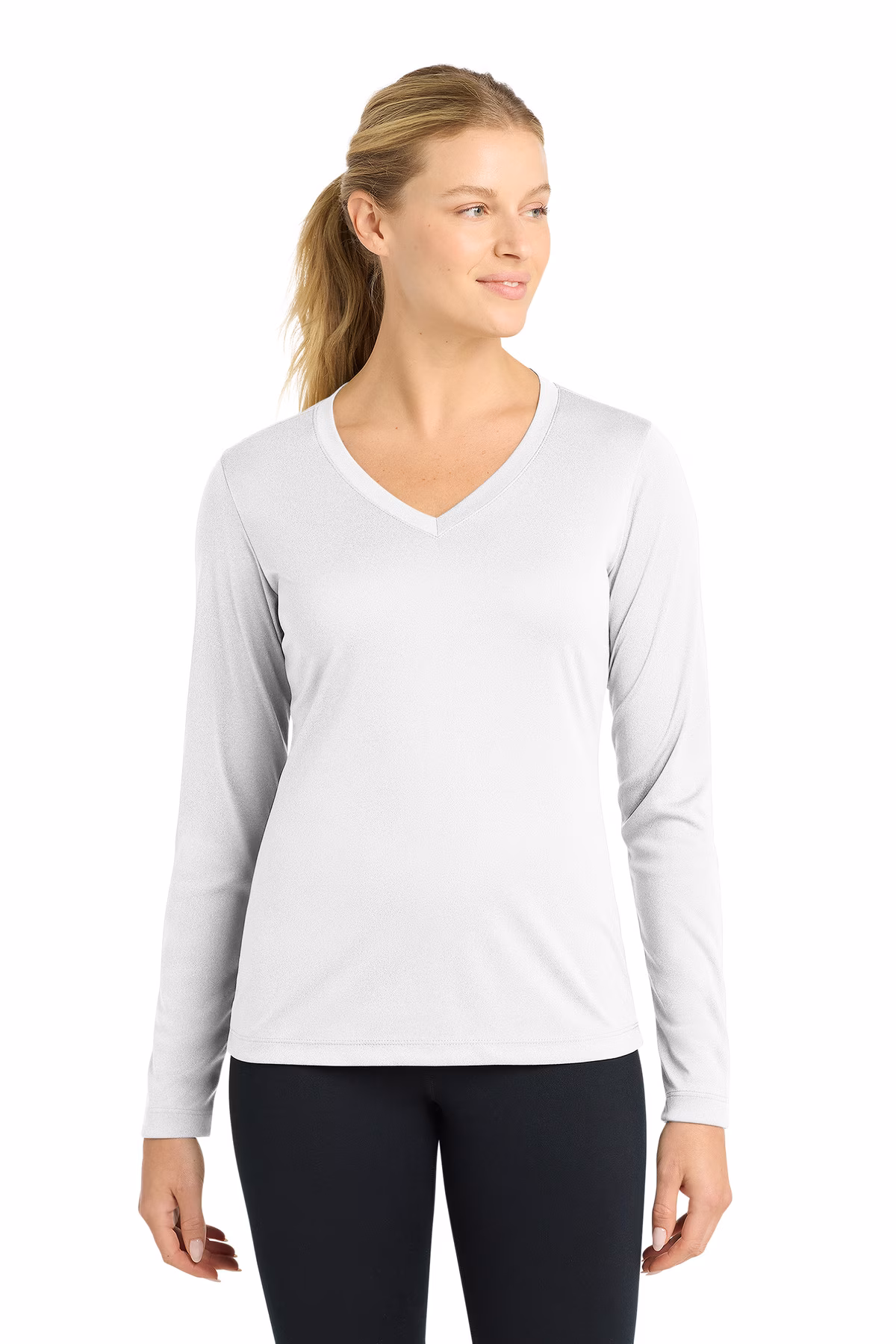 Sport-Tek Embroidered Women's Long Sleeve V-Neck Competitor Tee Image - Lightweight, roomy and highly breathable, these moisture-wicking, value-priced tees feature PosiCharge technology to lock in color and prevent logos from fading.